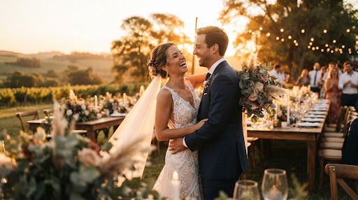 Fotografía de boda al atardecer en viñedo campestre en Entre Ríos