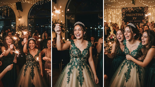 Quinceañera vestida de verde esmeralda festejando con bengalas de luces y amigas en Paraná